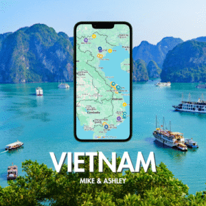 Phone screen showing a full travel map of Vietnam over a scenic background of Ha Long Bay with tour boats