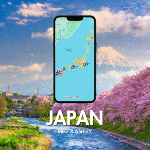 Phone screen showing a custom travel map of Japan over a scenic background of Mount Fuji and cherry blossoms
